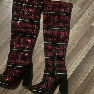 Stylish Red Plaid Knee-High Boots